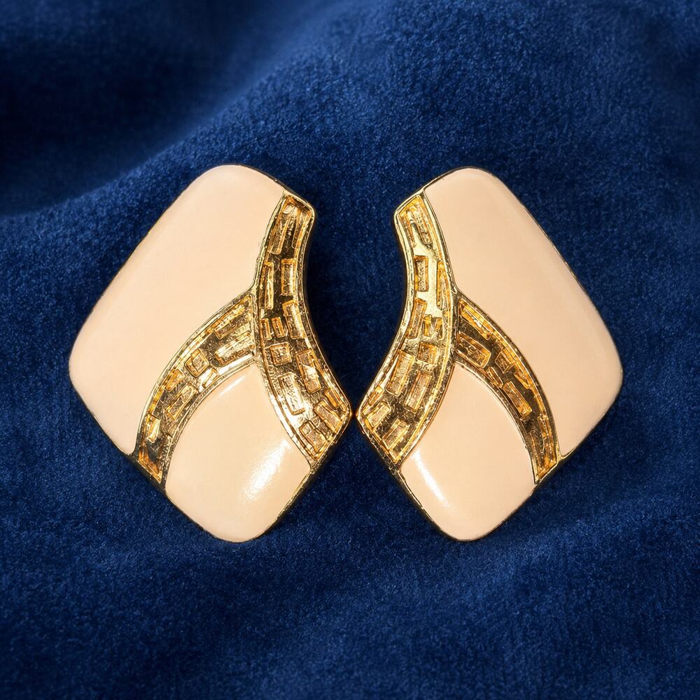 Vintage Trifari Cream Enamel Gold Tone Geometric Statement Earrings Rare